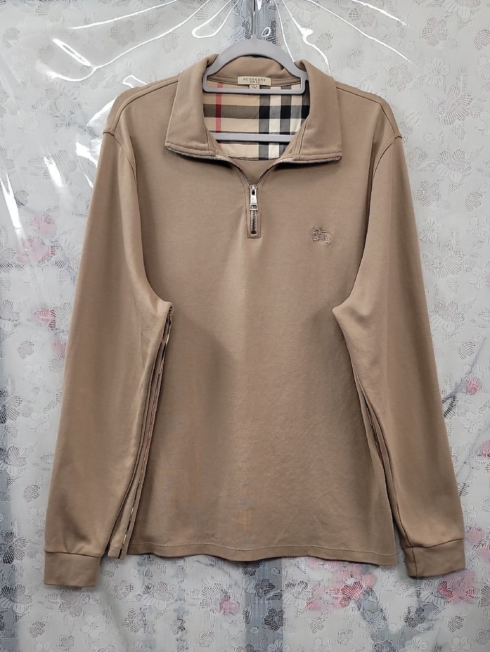 Burberry Tan Quarter Zip Pullover Sweater with Signature Check Collar Size XL